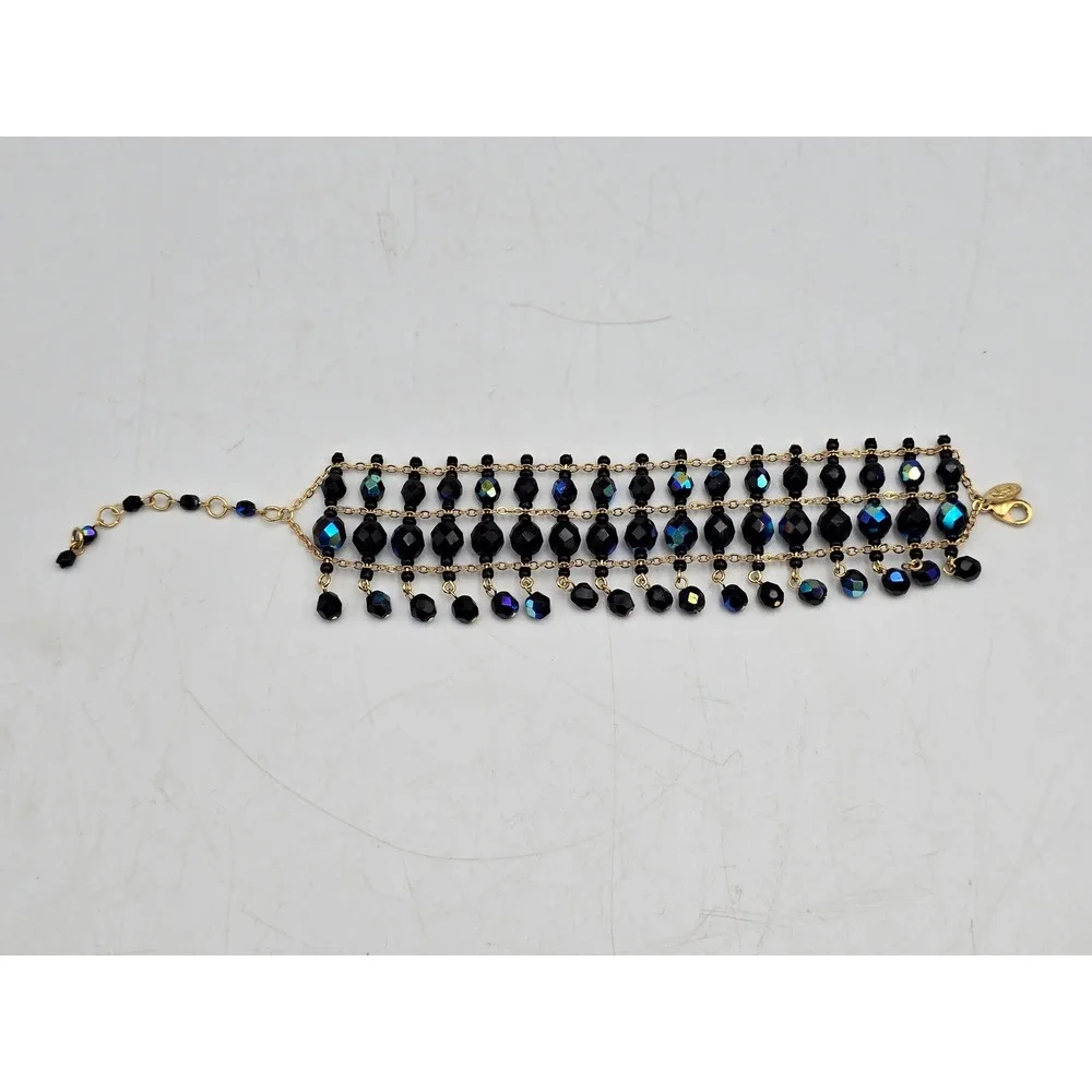 Joan Rivers Beaded Bib Bracelet Women Black AB Gold Excellent Statement Fringe